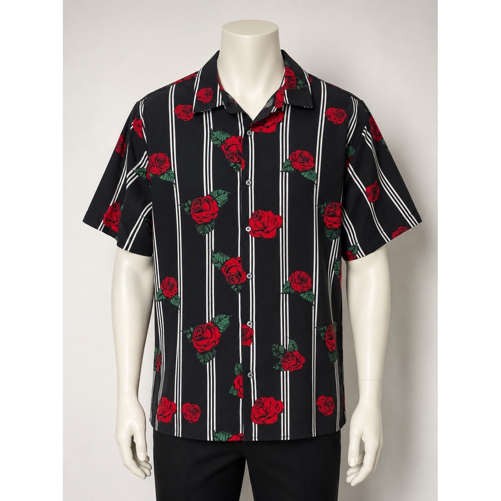 Fresh Prints of Bel-Air Mens 2XL Black Red Rose Stripe Stretch Button Down Shirt